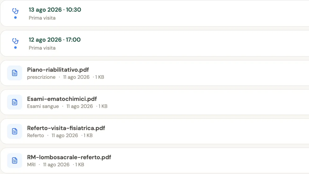 Lo storico di un paziente su Sanovia: visite in agenda e referti PDF