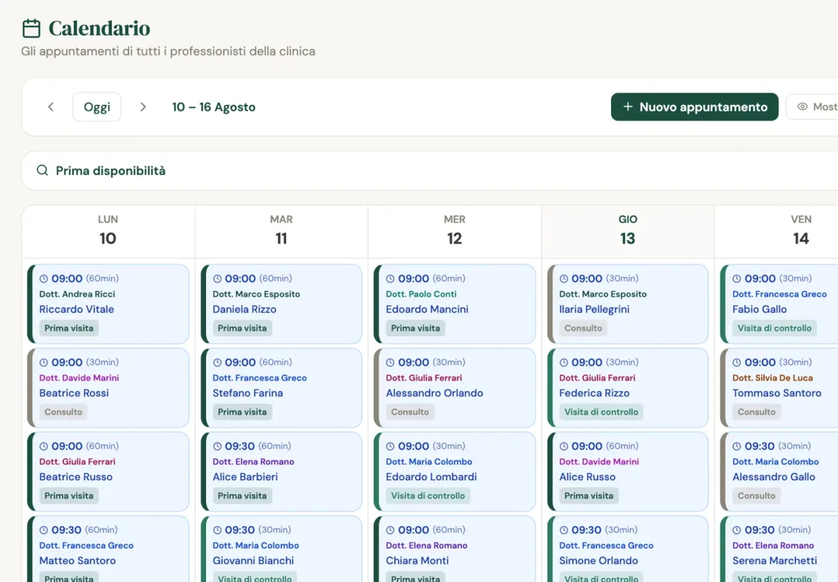 Il calendario della struttura, con Nuovo appuntamento e Prima disponibilità: è quello su cui lavora la segreteria