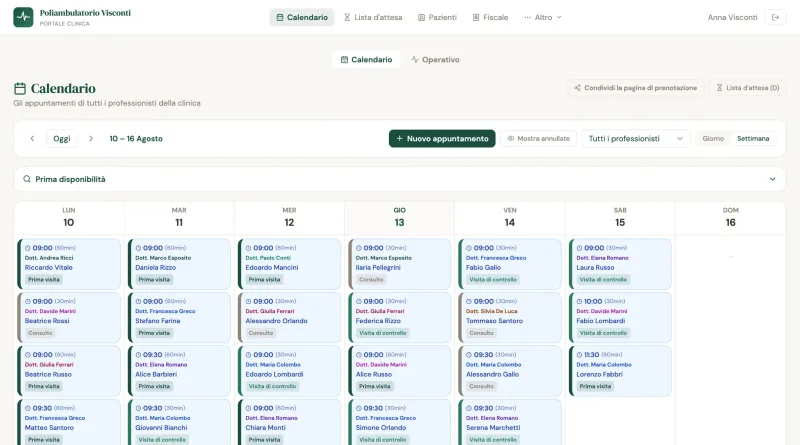 Il calendario di un poliambulatorio: gli appuntamenti di tutti i professionisti della settimana